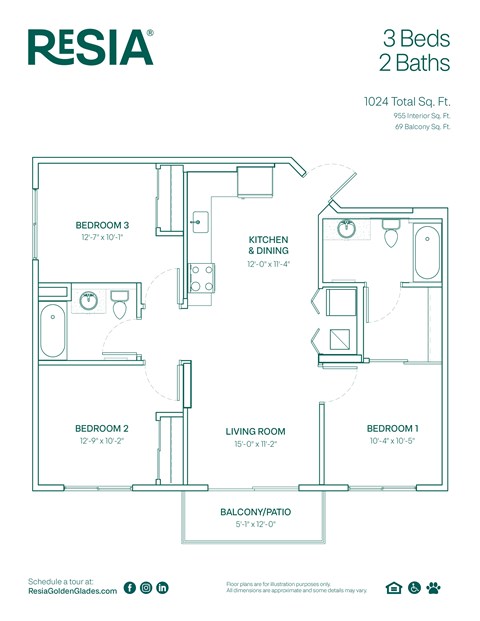 A floor plan for a Resia 3 Bed 2 Bath home.